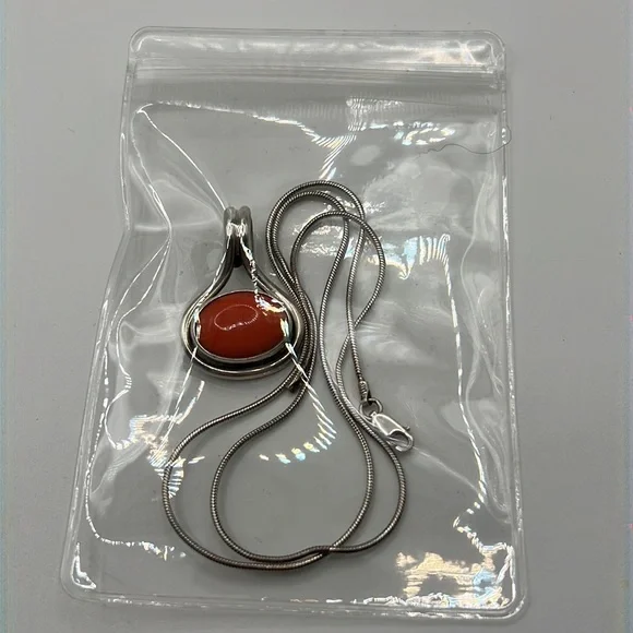 TAXCO TJ-75 PINK CORAL AND STERLING PENDANT ON A STERLING SILVER 20” SNAKE CHAIN - Picture 7 of 12